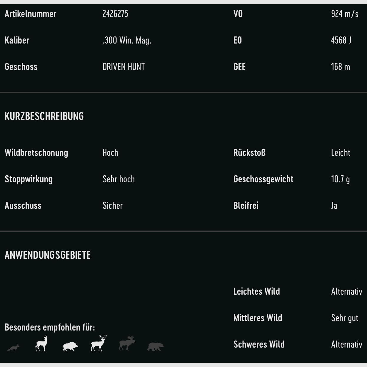 RWS 2426275 .300 Win. Mag. Driven Hunt 10,7g 165grs. Bleifrei Langwaffenmunition