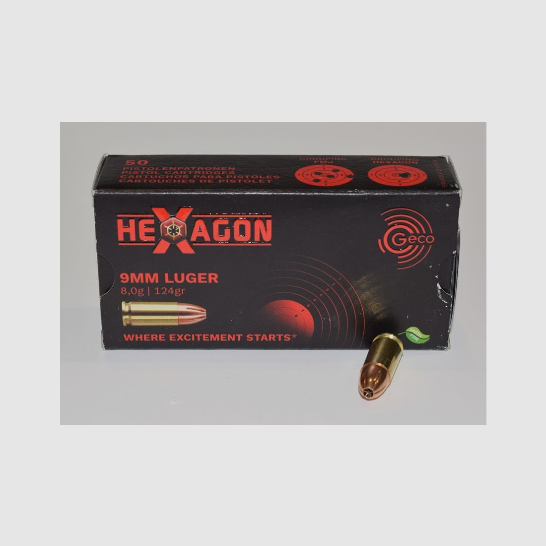 Box mit 50 Patronen GECO 9×19 Luger Hexagon 124 Grains