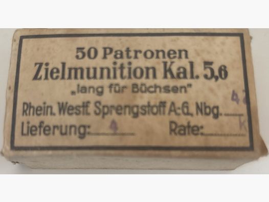Alte RWS Zielmunition Kal.5,6 lang (.22lfb) - ca.1946 - 50 Patronen - Sammlerstück