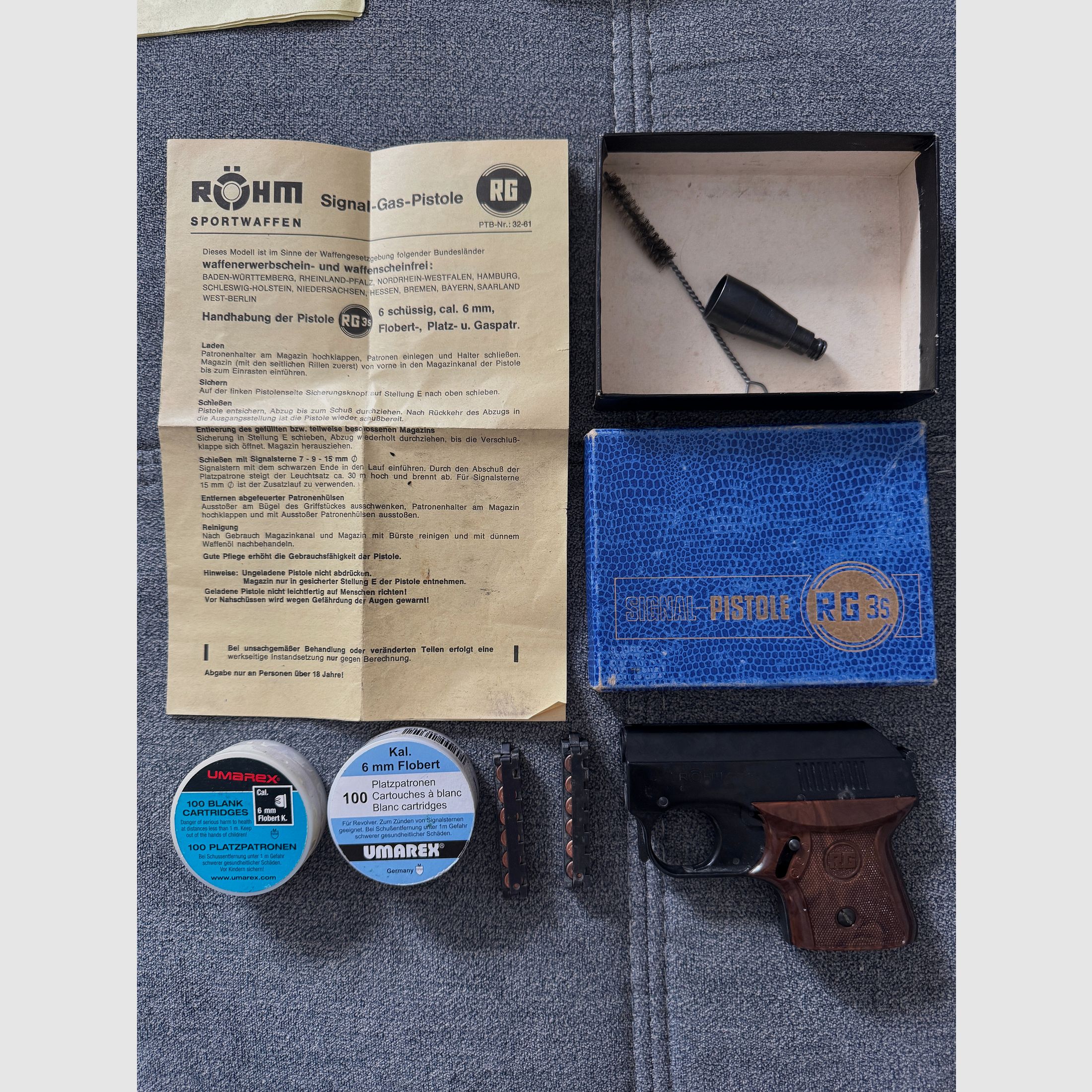 Pistola a salve Röhm RG 3S (6mm Flobert, PTB 32-61) – Set con OVP, accessori & munizioni, immagine 1 di 3