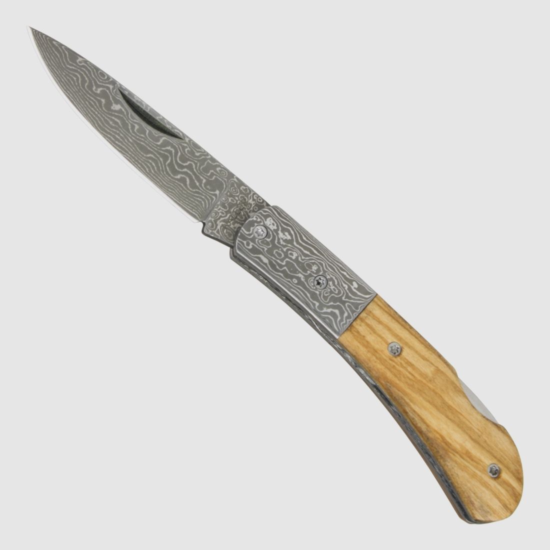 Damast-Taschenmesser Olivenholz mit Holzschatulle §42a konform legal führen