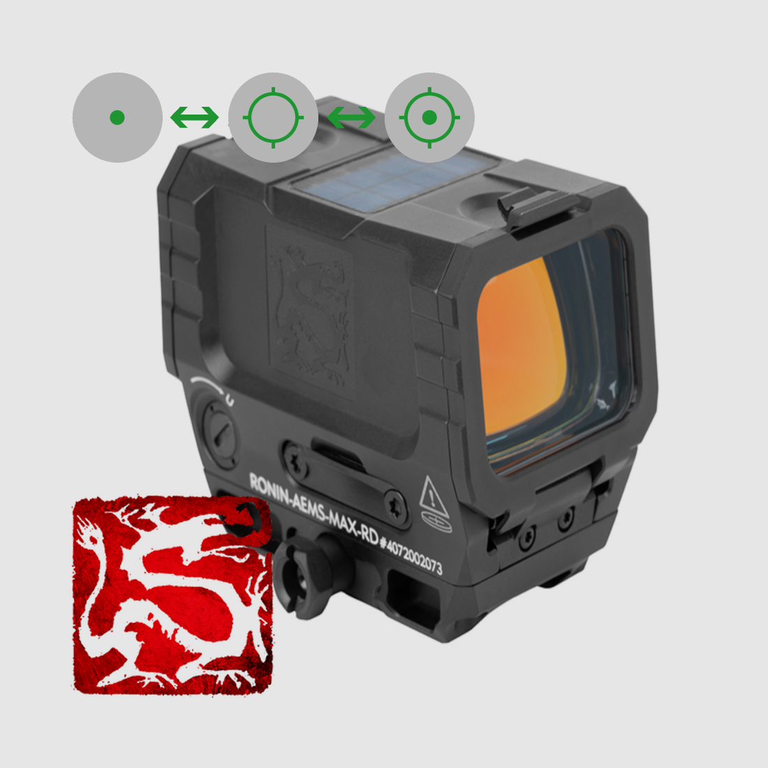 Holosun Mirino Reflex RONIN-AEMS-MAX-GR con reticolo verde: 2MOA Punto & 65MOA Punto Circolare, immagine 1 di 7