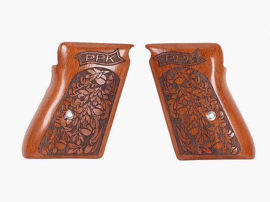 Holzgriffschalen fĂĽr Schreckschuss-, Gas-, Signalpistole Walther PPK 8 mm florales Muster mit Schriftzug PPK