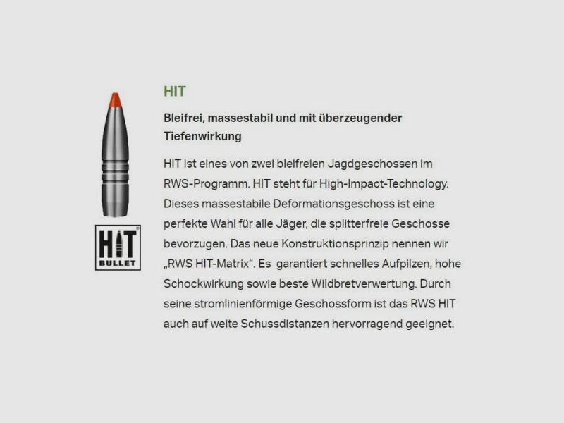 RWS Kugelpatronen .30-06 SR HIT bleifrei 20 Stk   10,7g/165grs