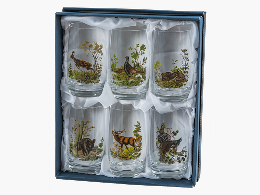 6 Bierbecher mit farbigem Jagddekor
