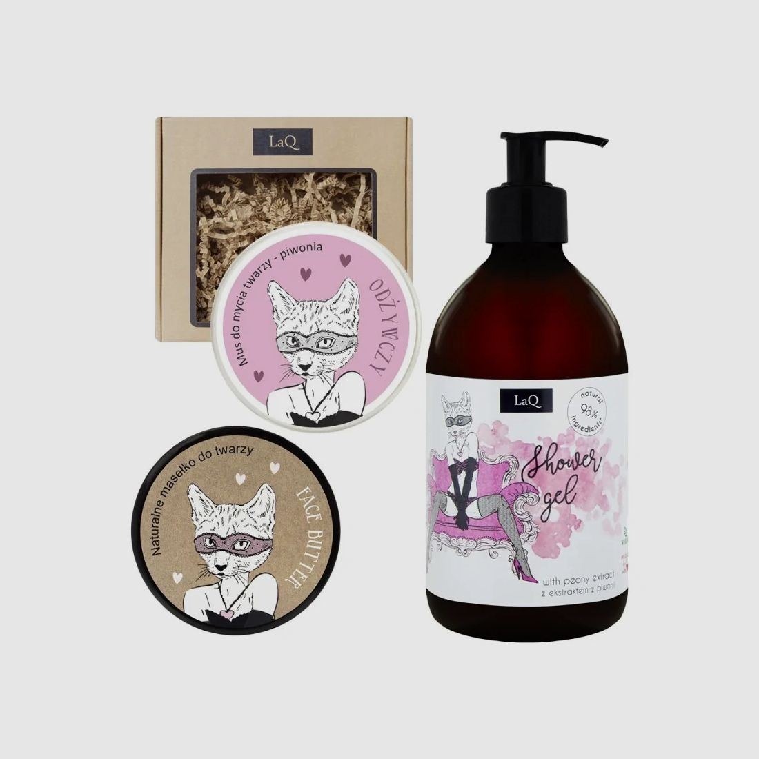 LAQ Kosmetikset – KOCICA PIWONIA – Gel 500 ml + Butter 50 ml + Mousse 100 ml