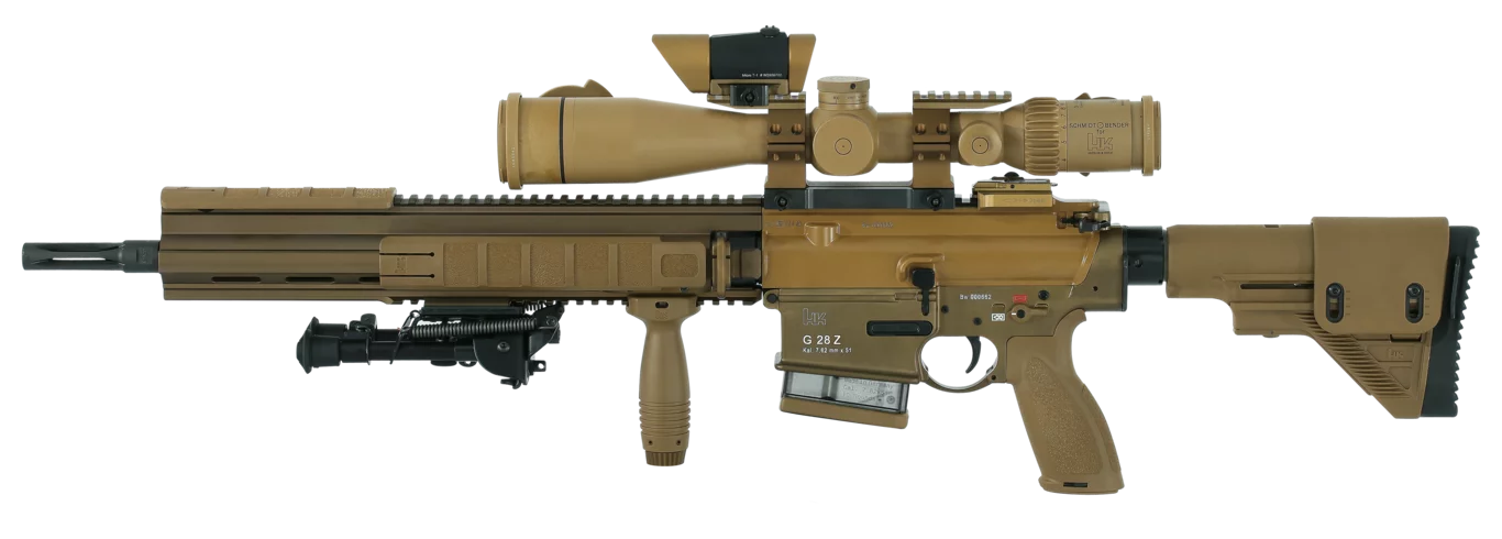Heckler & Koch MR308 A3 G28-Z RAL8000 rifle .308 Win with Schmidt & Bender riflescope and Aimpoint