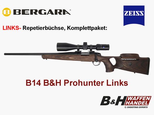 Bergara B14 B&H Prohunter LINKS kolba z otworem w zestawie z Zeiss 3-12x56 gotowy do montażu / Opcjonalnie: tłumik dźwięku Brenner