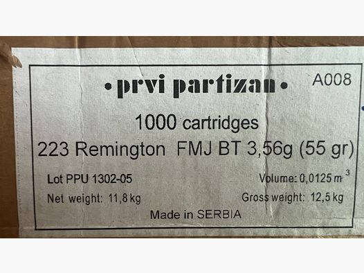 Prvi Partizan (PPU) .223 Rem FMJ BT 55 gr – 780 disparos – Nuevo