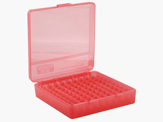 MTM patroonbox P-100-45-29 rood doorzichtig met klepdeksel voor 100 patronen .45 ACP en anderen.
