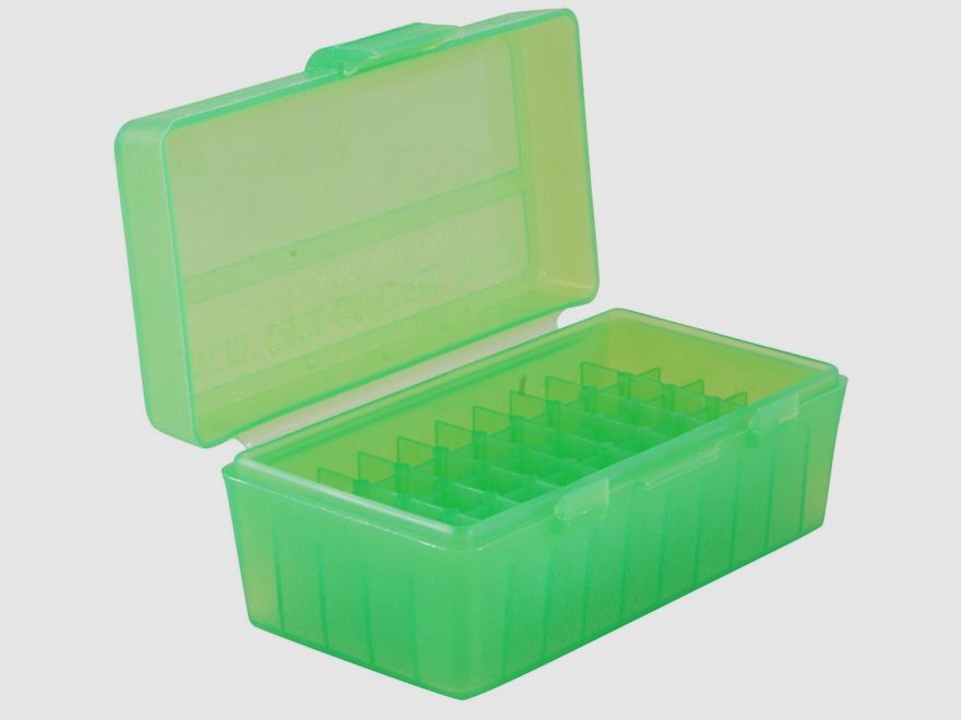 MTM scatola per cartucce P50-38-16 verde trasparente con coperchio a ribalta per 50 cartucce .38 Spec. e altre.