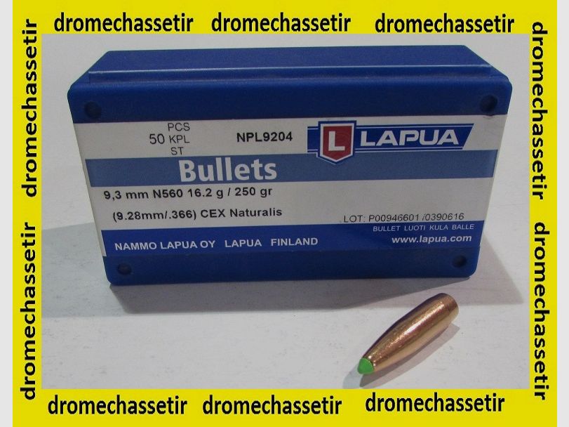 Boite de 50 Ogives Lapua Naturalis, cal 9,3mm, poids 250 grains