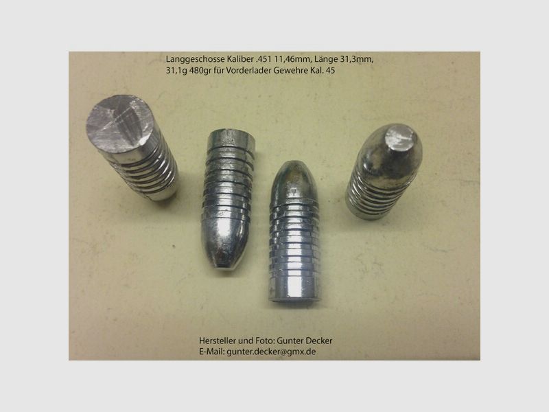 Langgeschosse Kaliber .451 11,46mm Länge 31,3mm 31,1g 480gr 6 Fettrillen für Vorderlader Gewehre .45