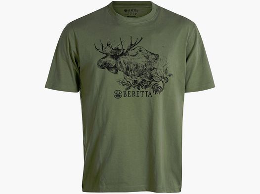 -40% BERETTA T-Shirt ELK grün 100% Baumwolle Rundhals | edles aufgedrucktes ELCH Motiv | Größe: M