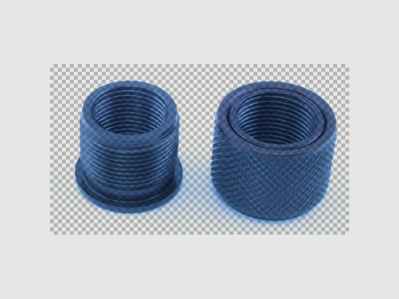 M15x1 auf M18x1 Adapter Schalldämpfer, Stahl brüniert, mit Gewindeschutzmutter. Made in Germany.