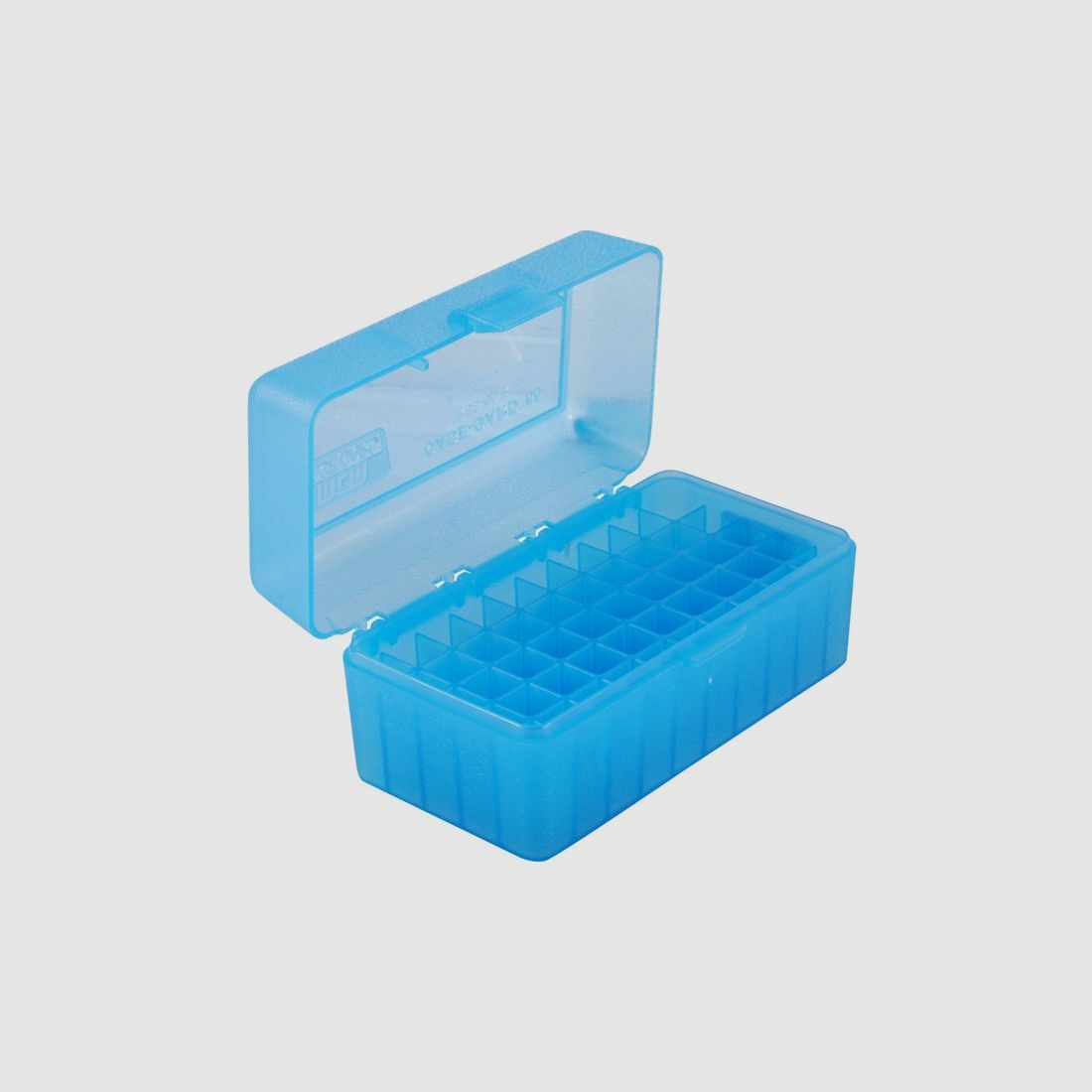 MTM scatola per cartucce RS-S-50-24 blu trasparente con coperchio a ribalta per 50 cartucce .22 PPC e altre.