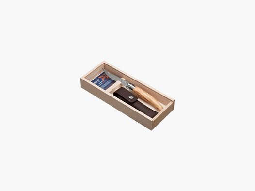 Opinel case with slim olivewood knife, 10 cm, and sheath