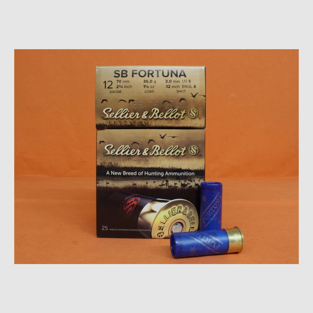 S&B Sellier & Bellot cartridges 12/70 S&B/ Sellier&Bellot 36g 3.0mm/ No.5 VE 25 cartridges (Fortuna plastic)