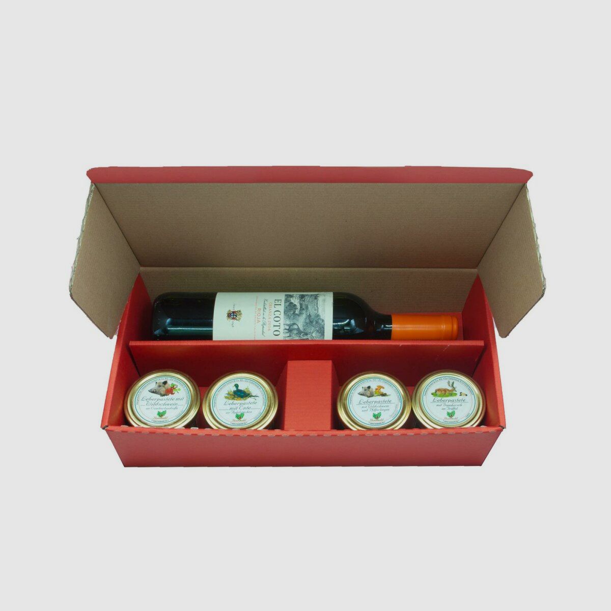 Heidewild Pasteten mit Wein (4 Pasteten + 1 Flasche Wein)