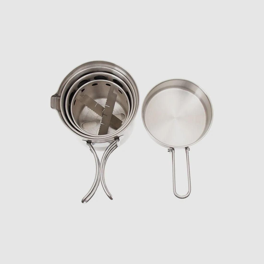 R&C Outdoor Edelstahl Reise Kochset - bestehend aus Kocher + Topf + Pfanne