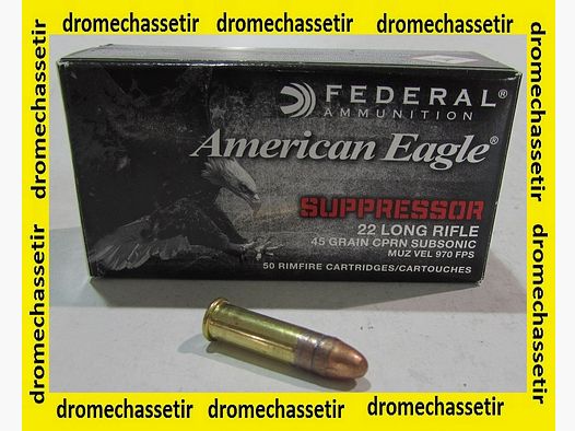 Box mit 50 Patronen .22LR Federal American Eagle Copper Suppressor 45 Grain