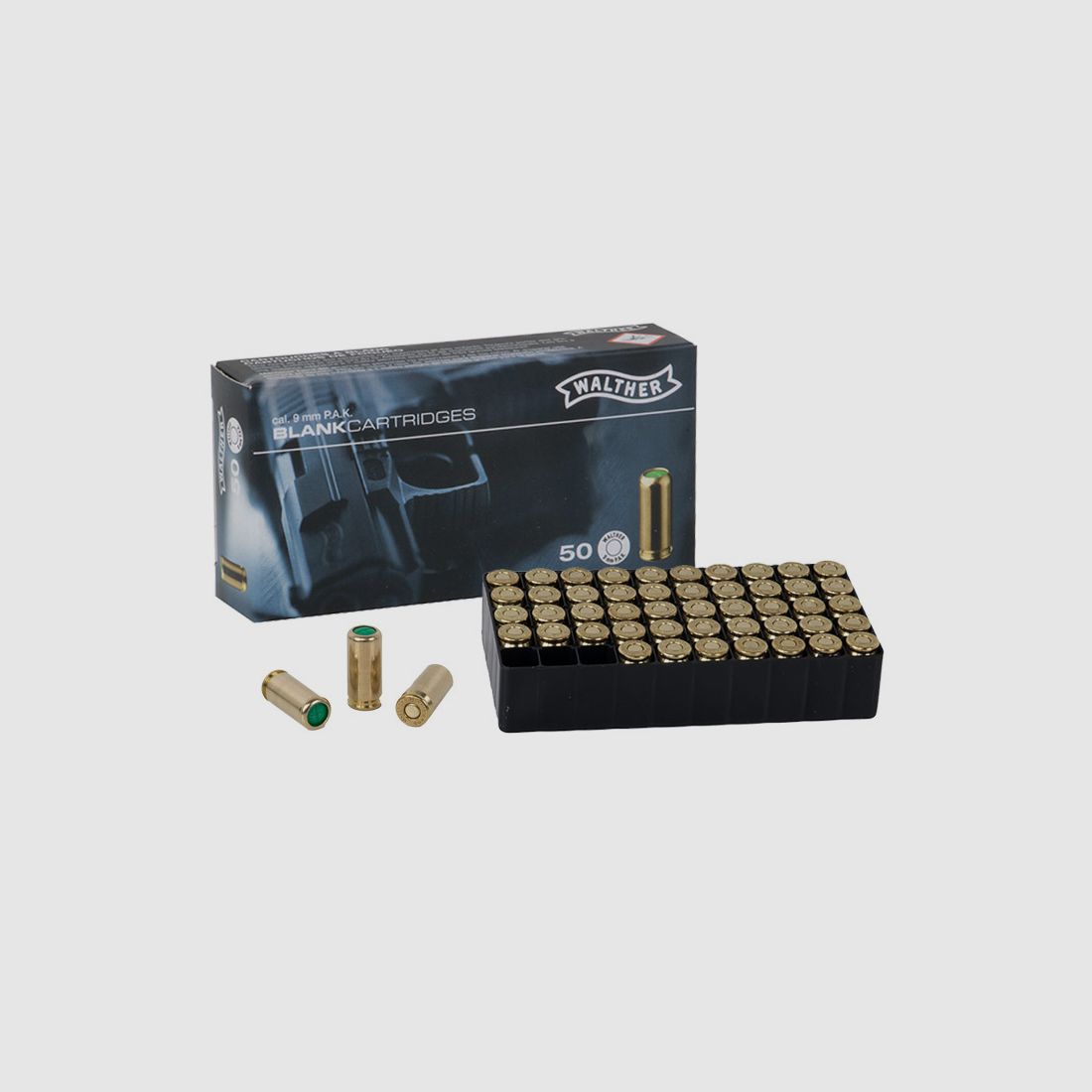 Platzpatronen Walther Kaliber 9 mm P.A. Nitro fĂĽr Pistolen Messing 50 StĂĽck (P18)