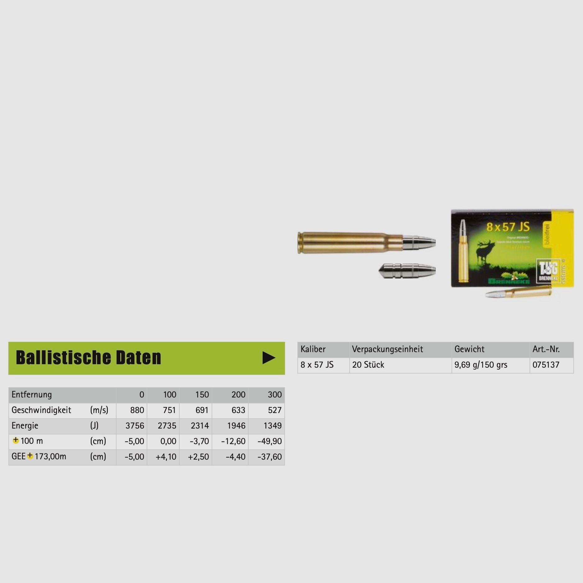 Brenneke 2004921 8x57 IS TUG nature+ 9,7g/150grs. Bleifrei Langwaffenmunition