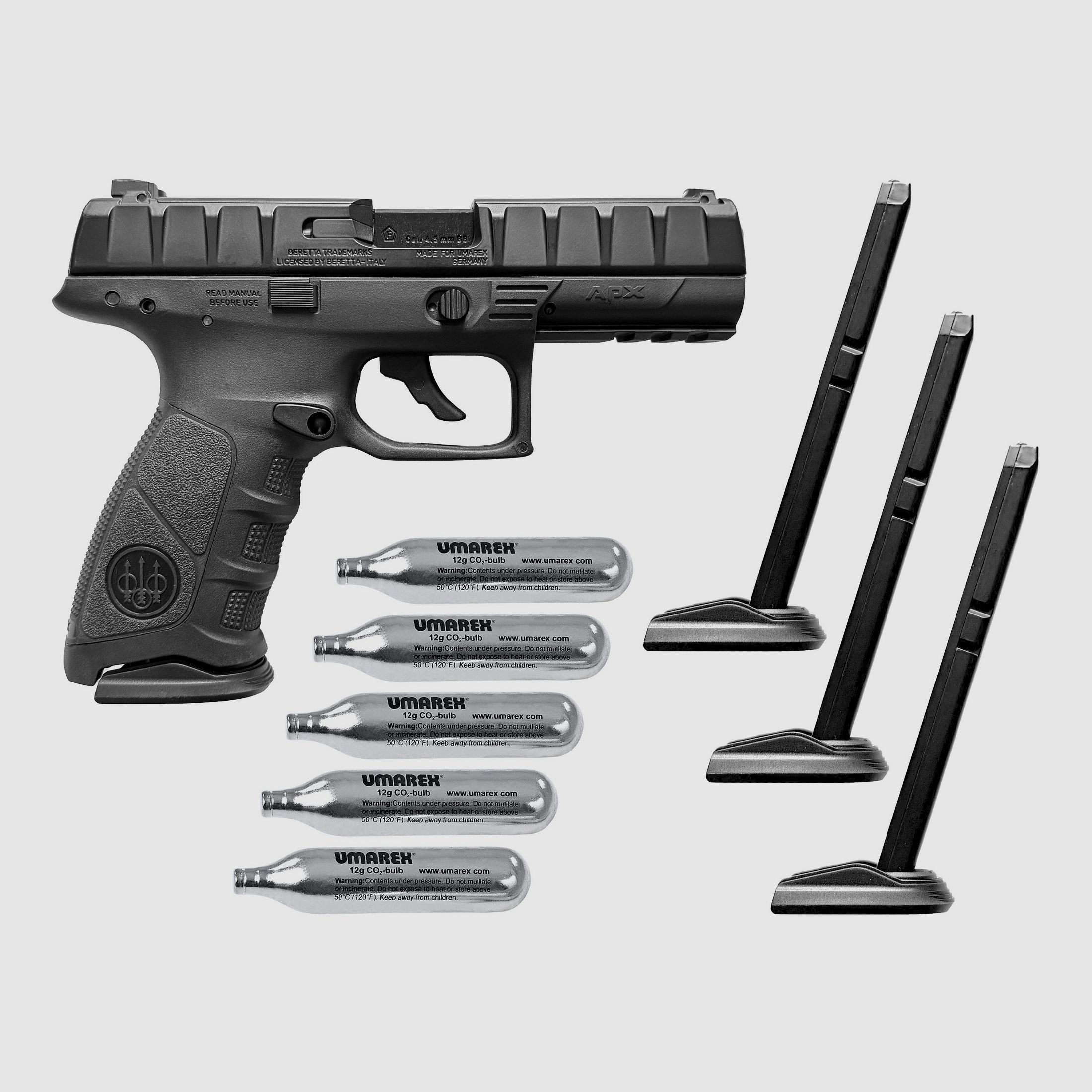 Pistolet à air comprimé Beretta APX CO2 cal. 4,5 mm BB noir avec glissière en métal - 3 chargeurs - 5 capsules de CO2 - Comme neuf