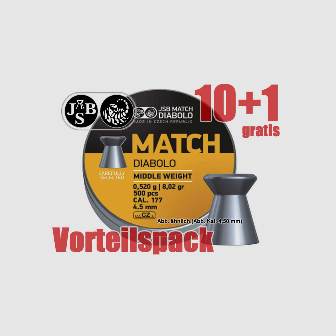 10+1 GRATIS x 500 StĂĽck Match-Diabolo JSB MATCH MIDDLE LG, Kal. 4,50 mm, 0,520 g