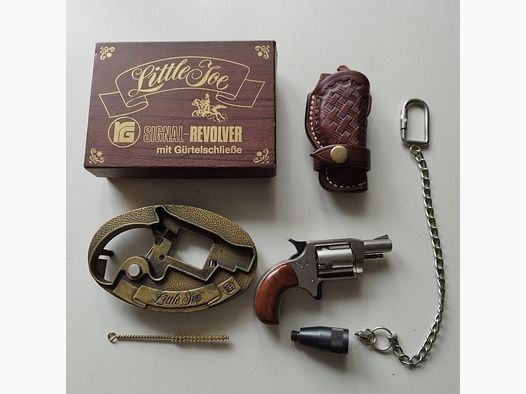 Wunderschöner RÖHM Little Joe - SRS-Revolver 6mm FLOB.PL. mit Gürtelschließe & Holster & Zubehör in OVP - Sammlerstück PTB