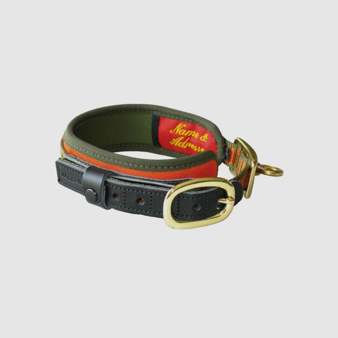 Luxus-Halsband olive/orange. Größe S. 40/50 cm