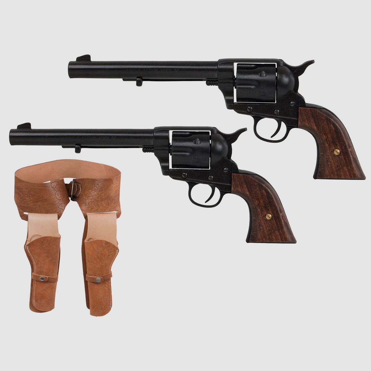 Set 2 Western Revolvergurt rechts 100 cm 2 Holster hellbraun und 2 Deko Revolver Kolser Colt SAA .45 Peacemaker 5,5 Zoll schwarz