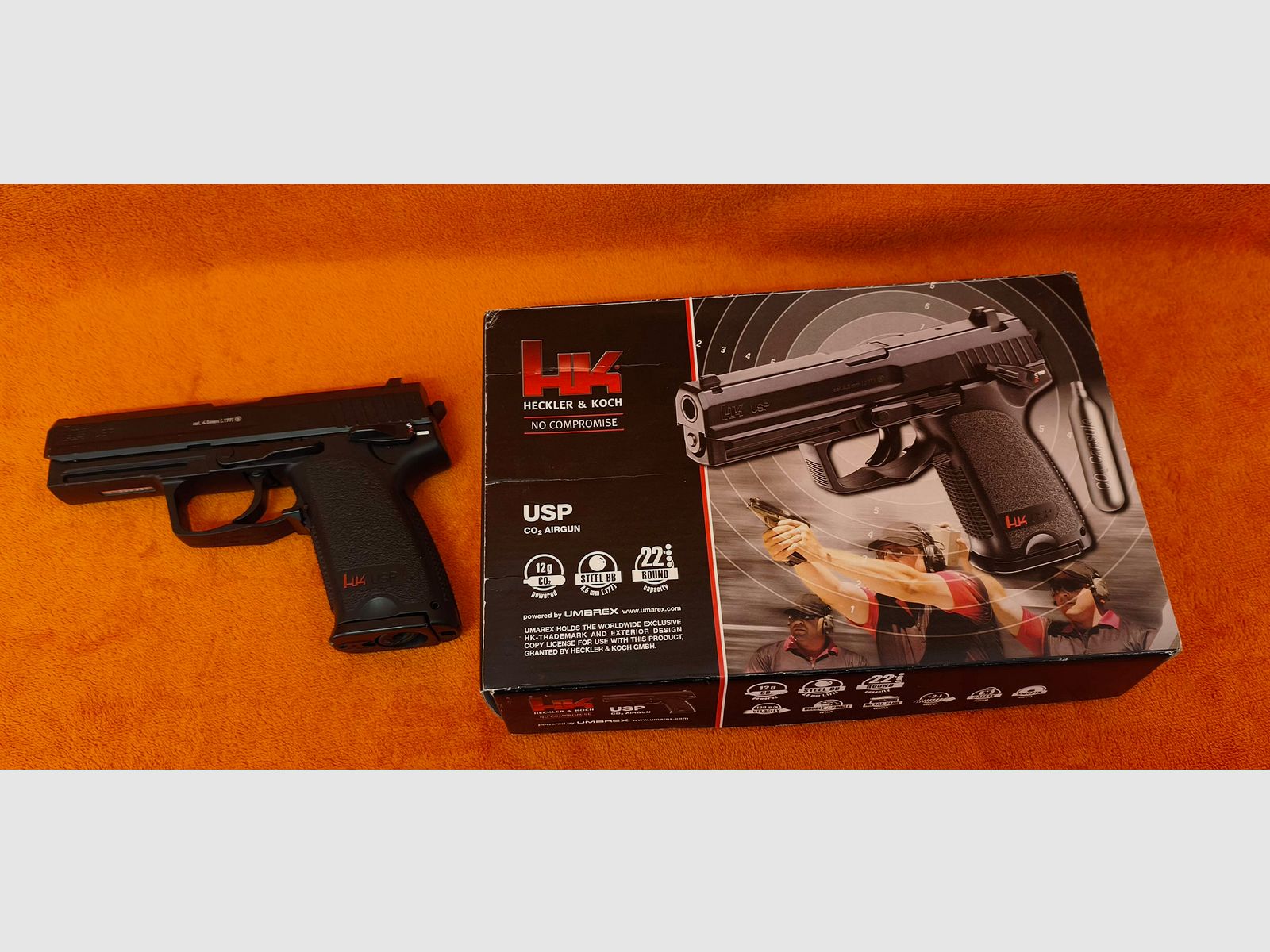 HK USP CO2 air pistol 4.5mm steel BB with signs of use