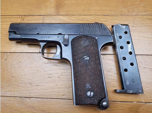 Legendäre Pistole « Ruby- ALKAR » - seltene Herstellung von Alkartasuna in Guernica - 1. WK - Kaliber 7,65 Br - Pistole der Grabenreiniger von 14/18 - Militärholster - TBE +