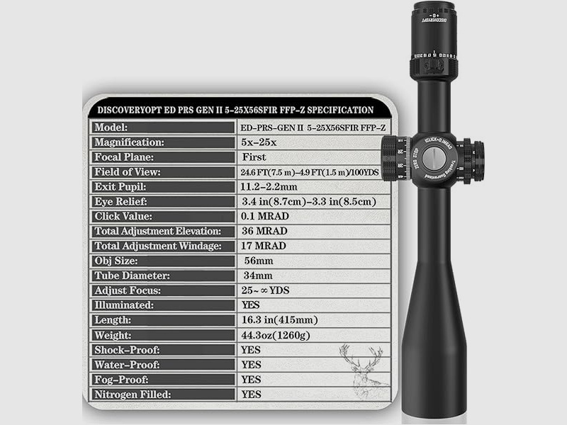 DISCOVERY OPTICS ED-PRS GEN 2 5-25X56SFIR FFP-MRAD riflescope no Kahles Vortex Sightron Nightforce Athlon