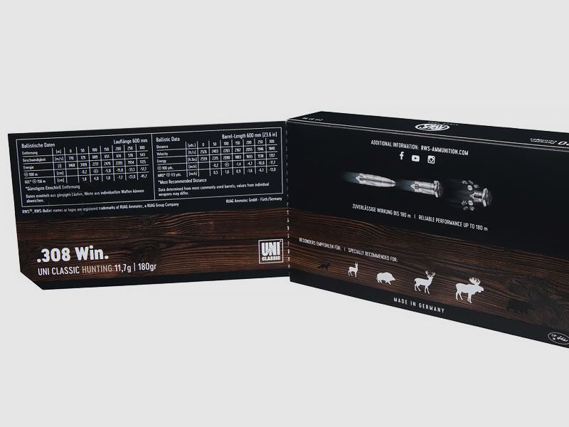 RWS .308 Winchester, UNI-Classic 180grs 1 verpakking (20 schoten à €3,49 per stuk)