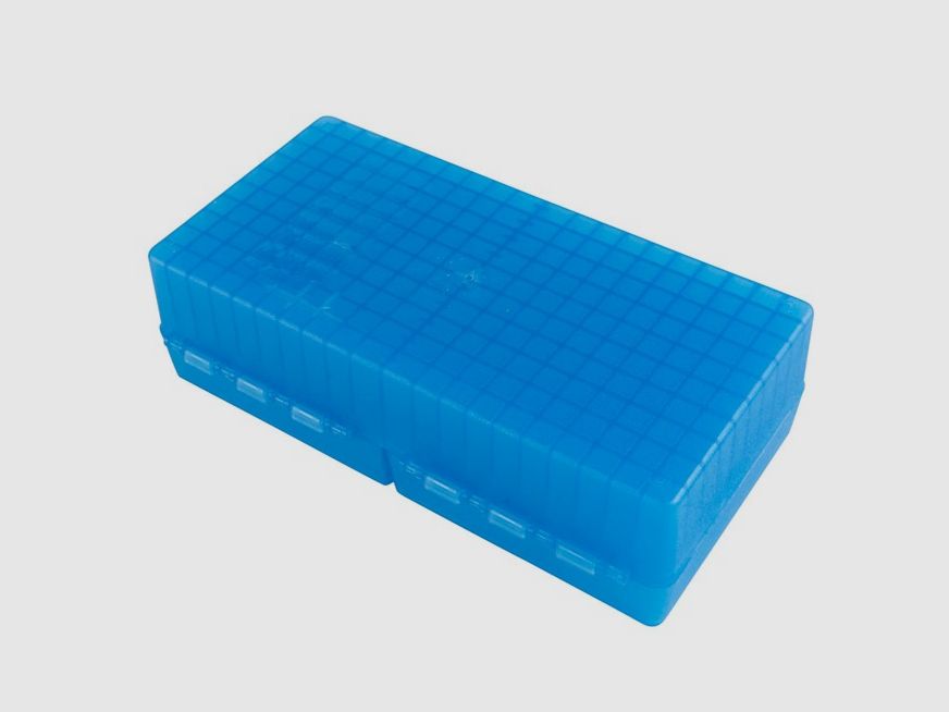 MTM scatola per cartucce RS-200-24 blu trasparente con coperchio a ribalta per 200 cartucce .223 e altre.