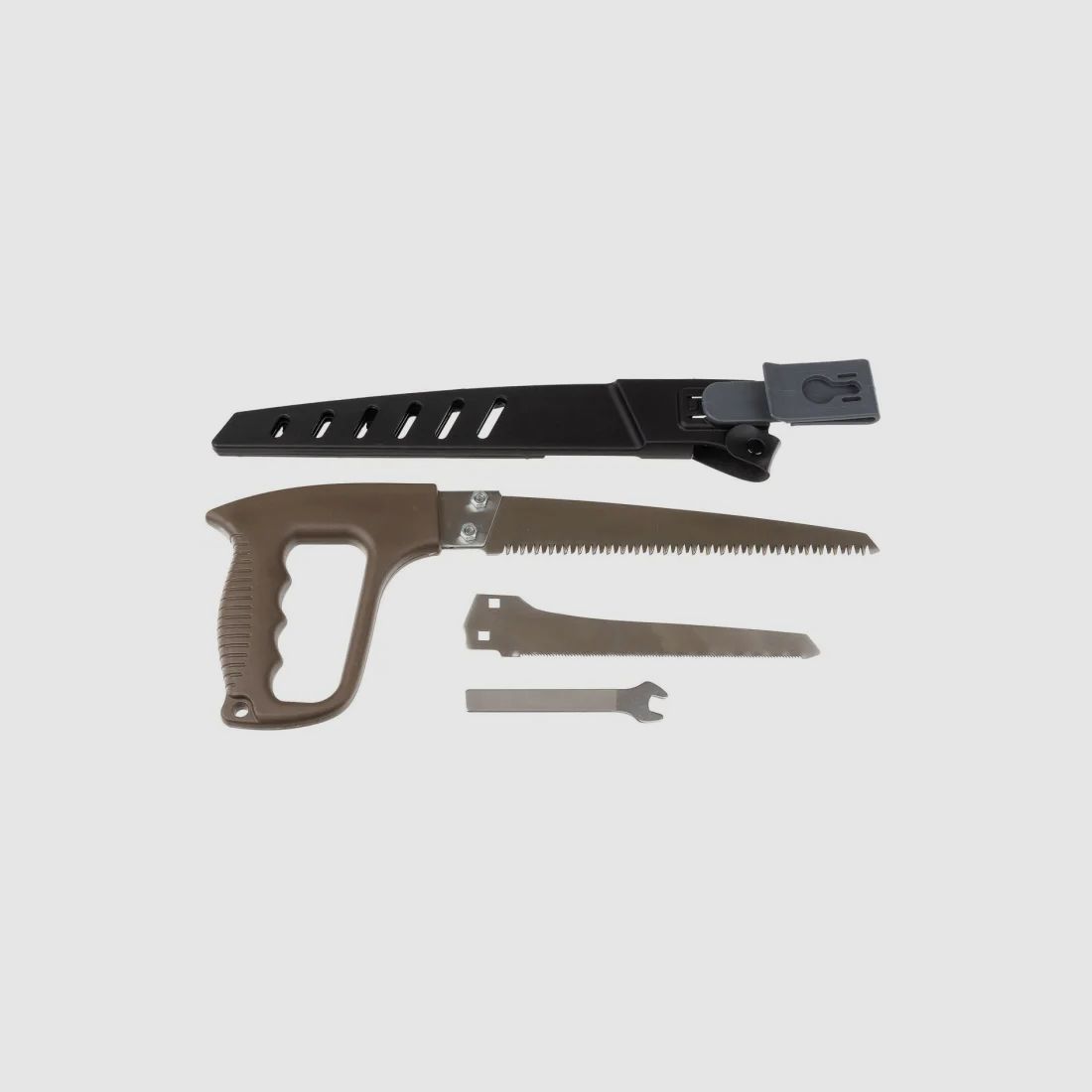 Handsäge mit 2 Sägeblättern + Scheide m. Gürtelclip + Schraubenschlüssel