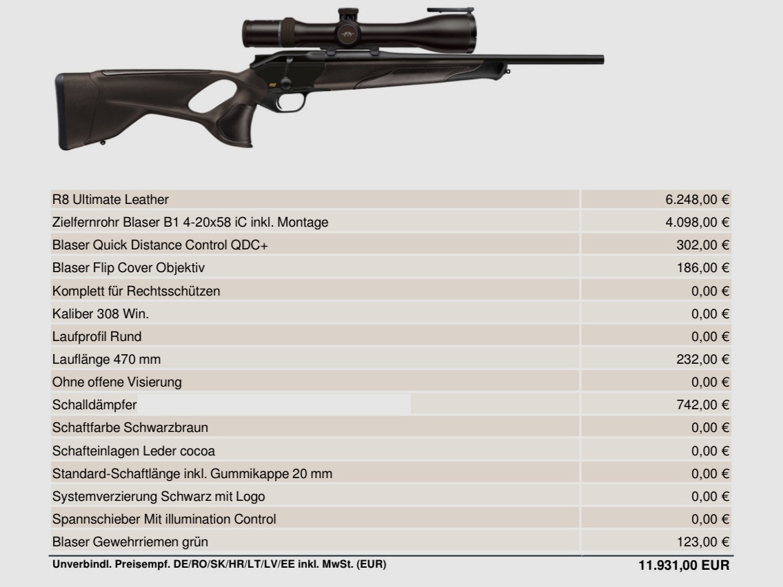 Blaser R8 Ultimate Leather Cocoa, .308 Win, Blaser B1 4-20x58, incl. Vorderschaft für Silencer