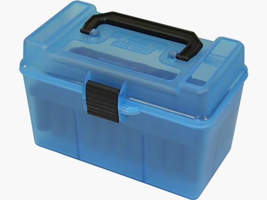 MTM Deluxe pudełko na naboje H50-XL-24 niebieskie przezroczyste z klapką i uchwytem na 50 nabojów 7mm i mniej.