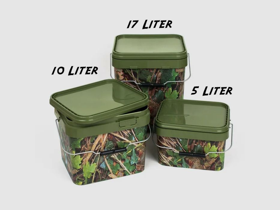 Secchio per mangime con coperchio - Rettangolare - 17 litri - Camouflage (Motivo fondo boschivo)
