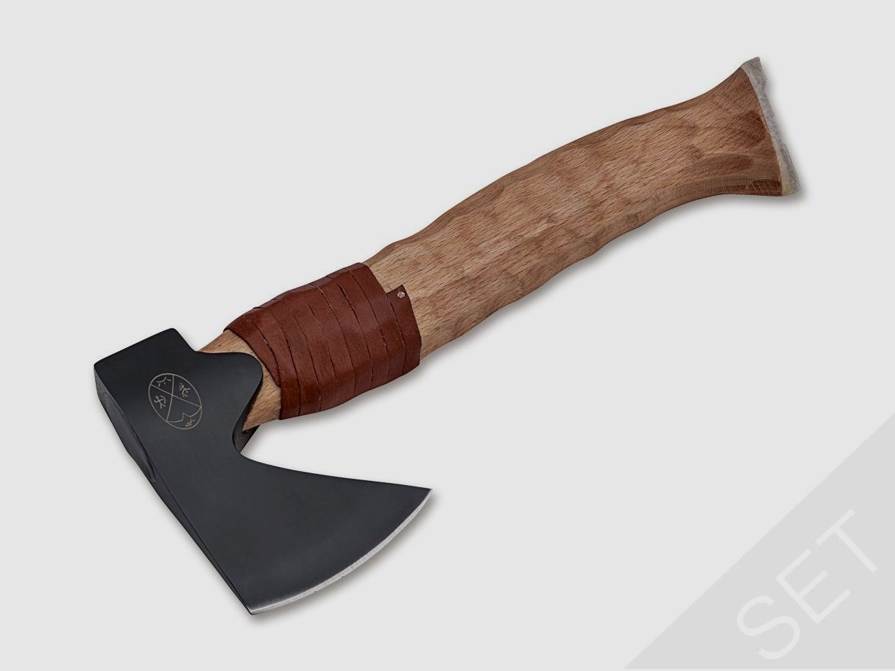Axe Metsämies Brown Hunting Hatchet Set with Fire Starter with Horn Handle and Sharpener