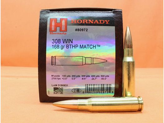 Cartouches Hornady .308Win Hornady 168grs BTHP (80972) VE 50 cartouches/ 10,89g ogive creuse à pointe torpille Match