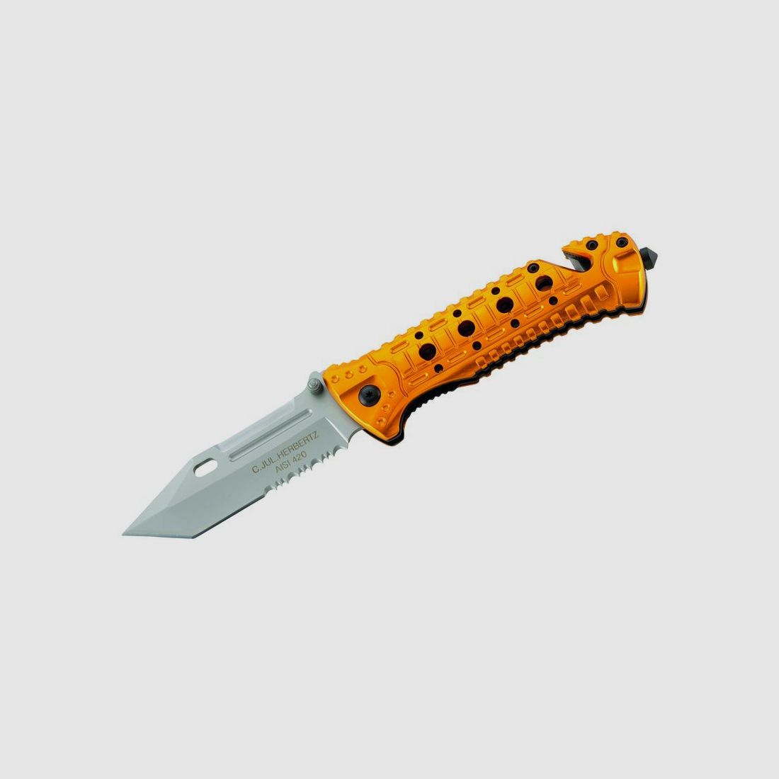 Rescue knife, tanto, partially serrated seatbelt cutter, glass breaker, aluminum handle