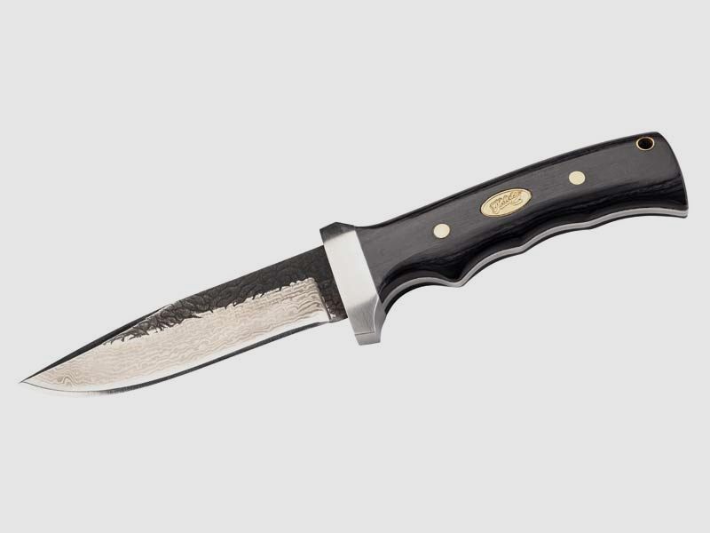 Robust hefty Damascus knife, 79-lg Damascus blade, with leather sheath