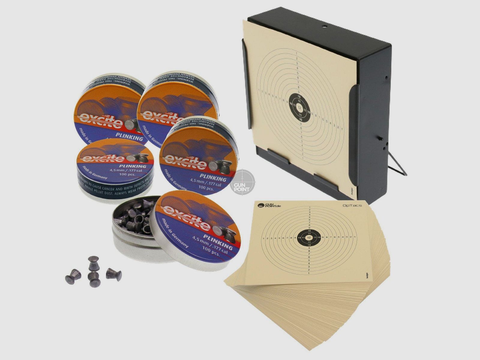 OpTacs - SET cajas de captura de balas 14 x 14 cm + 5 x 100 H&N Excite Plinking Diabolos + 10 dianas