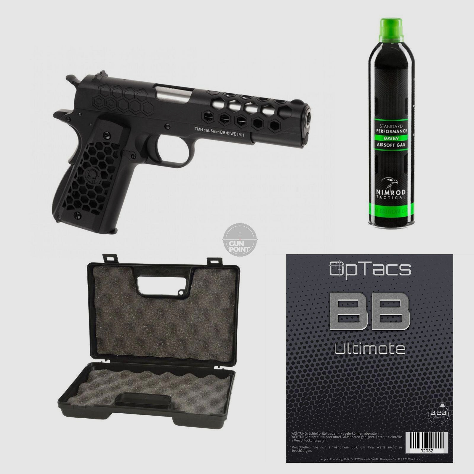 SET !!! Softair - Pistole - WE - M1911 Hex Cut Full Metal GBB black - ab 18, ber 0,5 Joule