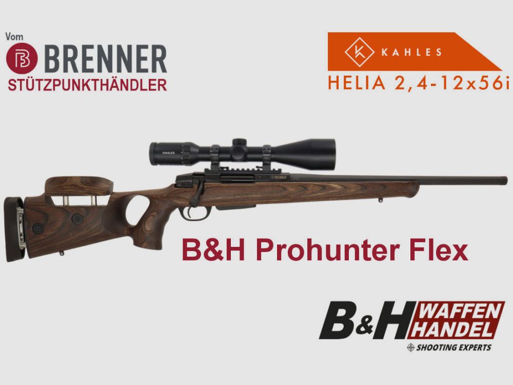 Pakiet kompletny Brenner: BR20 B&H Prohunter Flex z podwójną regulacją, w tym Kahles Helia 2.4-12x56i, gotowy do montażu, karabin myśliwski z powtarzalnym mechanizmem.