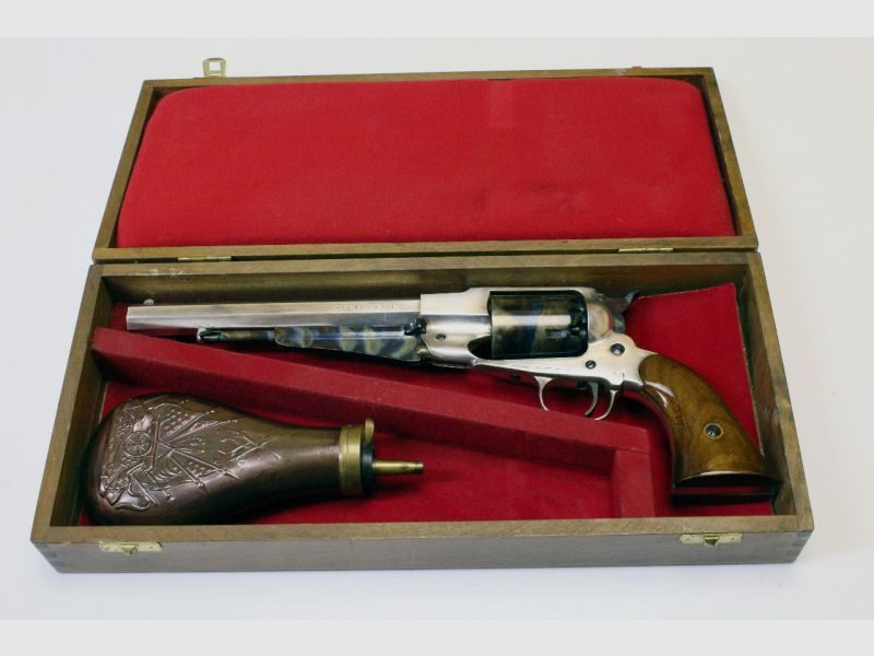 Versilberter Perkussionsrevolver - Euroarms Mod. Remington 1858 New Model Army in Sammlerschatulle