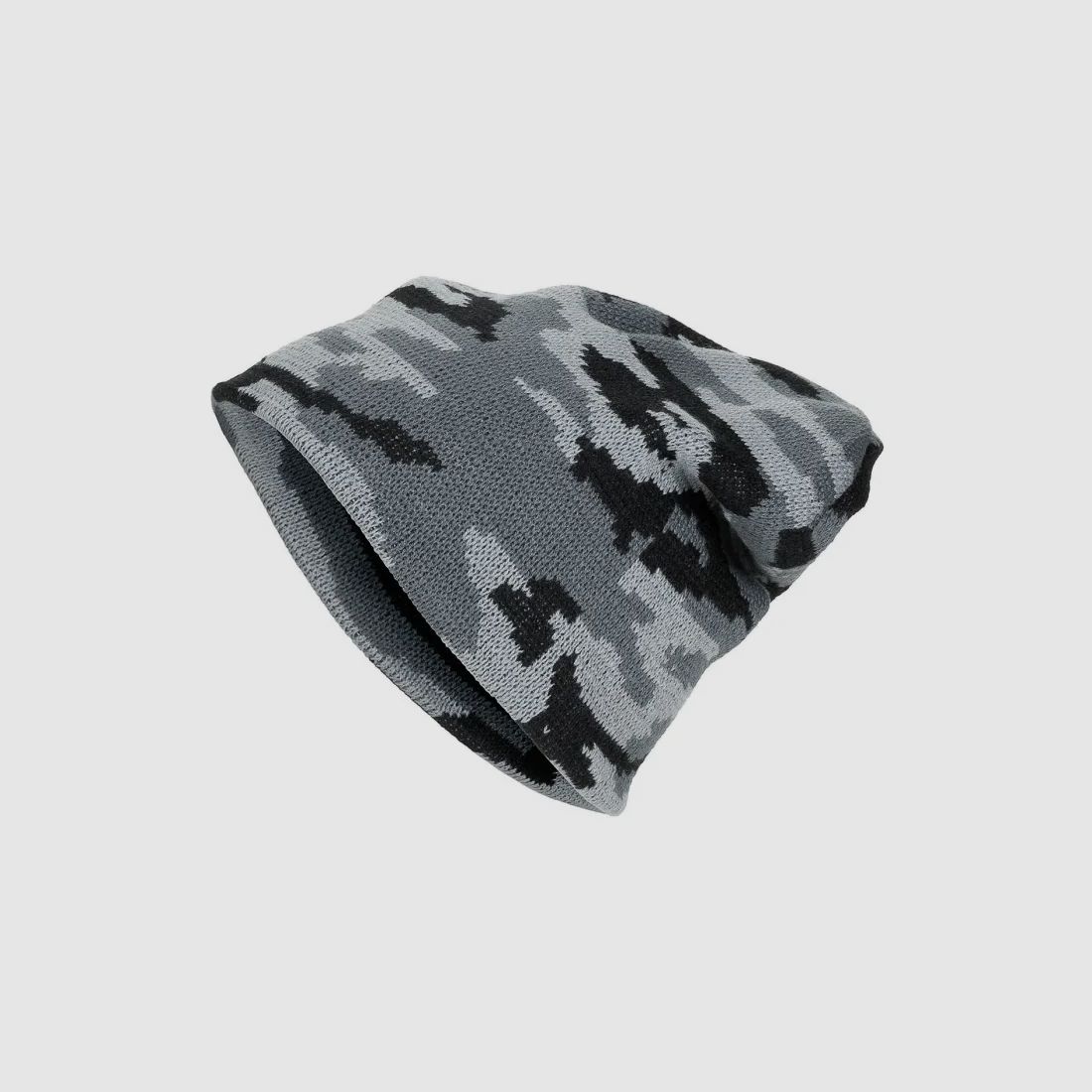 Strickmütze, "Beanie", Tarn (Schwarz-Weiß-Grau), fein gestrickt